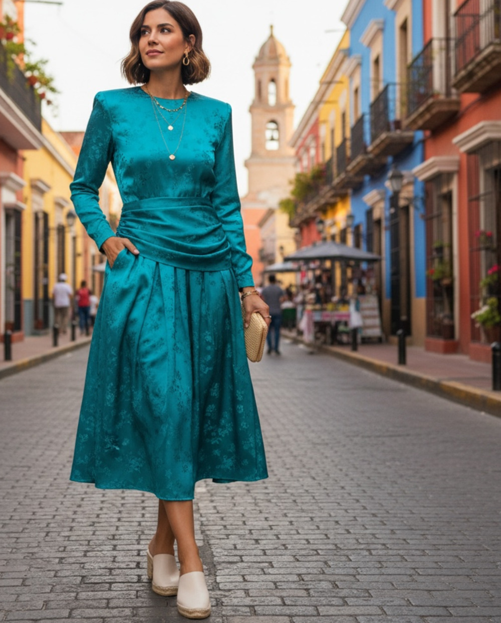 Vintage 80s Alison Peters Teal Satin Dress Ruched Drop Waist Glam Party USA
